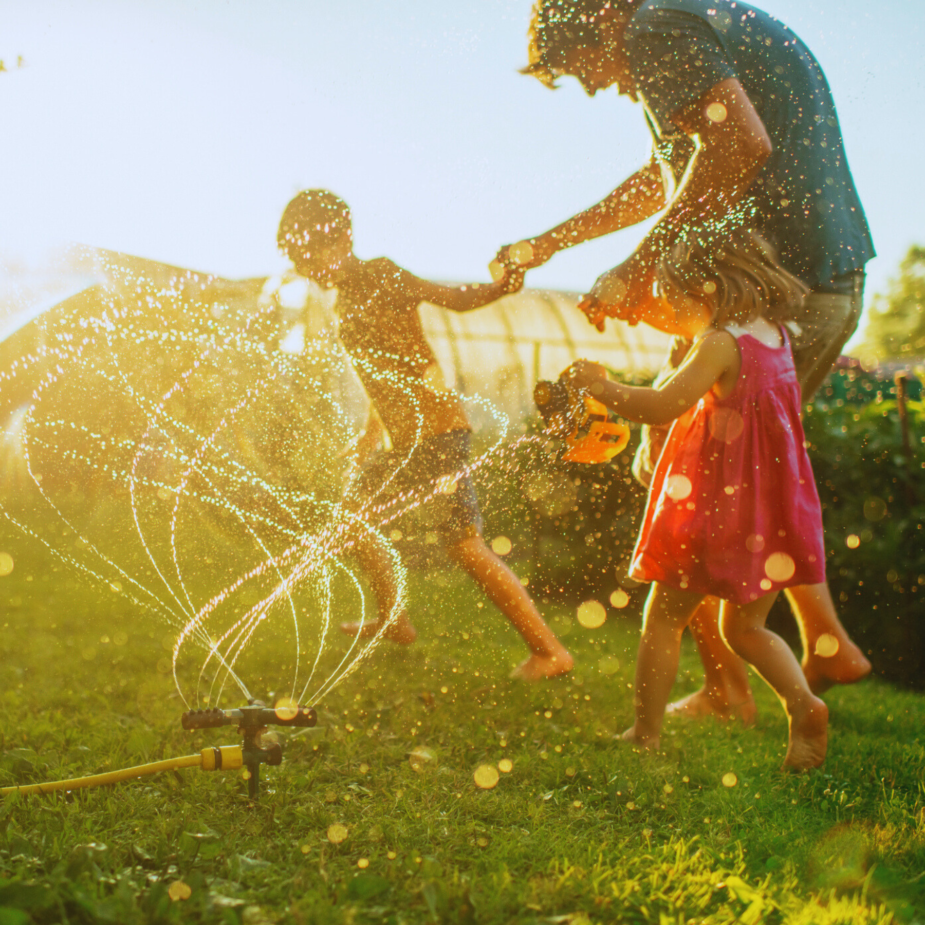 Family playing in a sprinkler